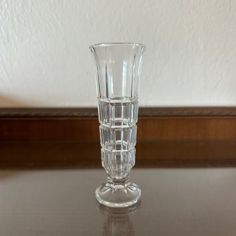Vintage Italy Pressed Glass Bud Vase Clear Paneled Waffle Pattern 6 Inch